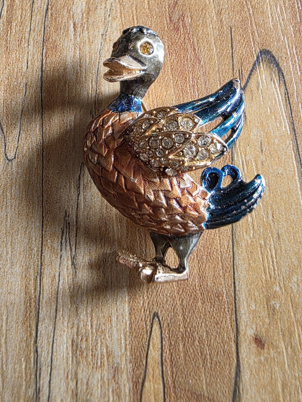 Vintage/ Antique  Duck Brooch with Rhinestone Wings - Blue and Rose Gold Tones
